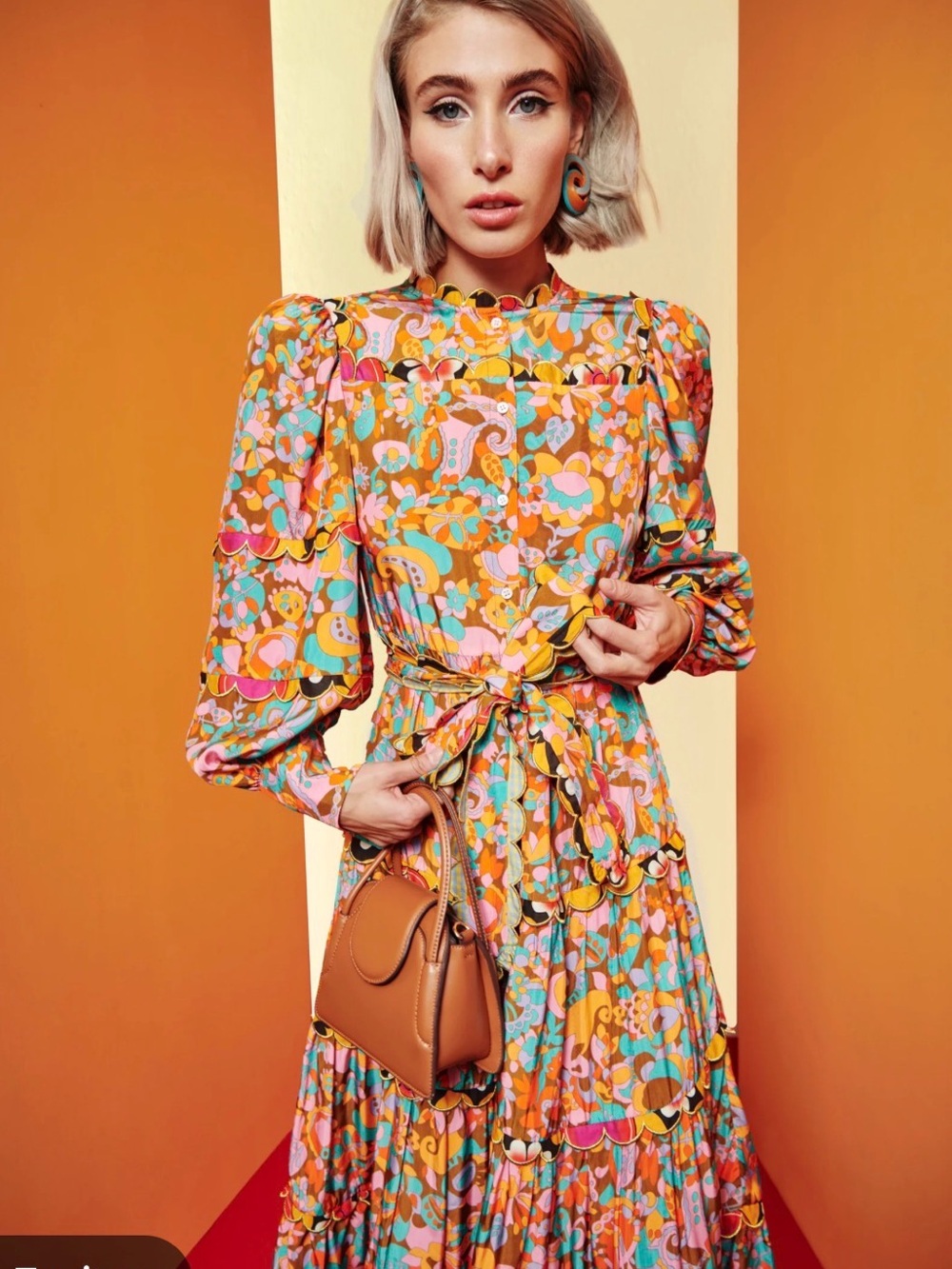 CeliaB Orange Floral Midi Dress with Puff Sleeves - Picture 2 of 11